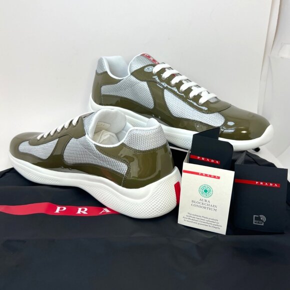Prada Americas Cup Men Sneakers Vernice Bike Low Top Loden Argento Size UK11 - Picture 9 of 15